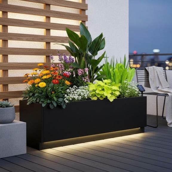 EuKer Above Ground Planters, 47.3" Metal Planter Box with Light Strips and Solar Panels for Outdoor, New, Black