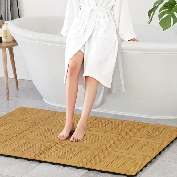 EuKer Acacia Wood Deck Tiles, 22 Pack Interlocking Floor Tiles with Non-Slip for Outdoor & Indoor Use, Yellow