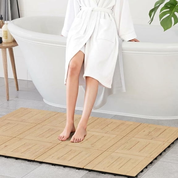 EuKer Acacia Wood Deck Tiles, 33 Pack Interlocking Floor Tiles with Non-Slip for Outdoor & Indoor Use, Natural Wood
