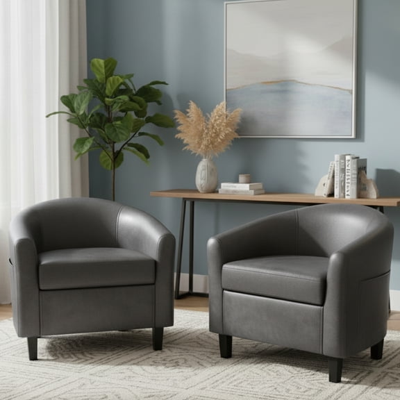 EuKer Accent Barrel Chair 2Pack, PU Leather Single Sofa with Soft Cushion and Side Pockets for Living Room, Bedroom, Reading Nook, Gray
