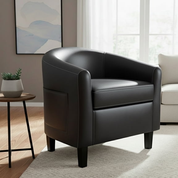 EuKer Accent Barrel Chair, PU Leather Single Sofa with Soft Cushion and Side Pockets for Living Room, Bedroom, Reading Nook, Black