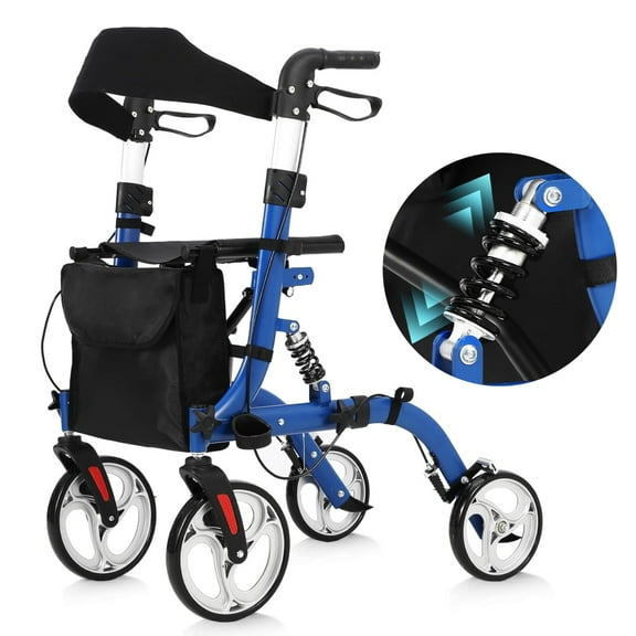 EuKer Adult Walkers with Wheels and Seat, Foldable Transport Wheelchair W/Shock Absorber for Seniors, Blue/Black