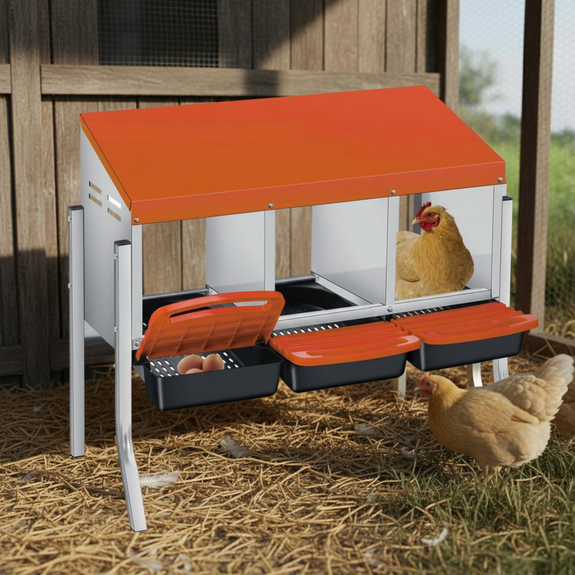 EuKer Chicken Nesting Box, 3 Compartment Chicken Lay Box with Metal ...
