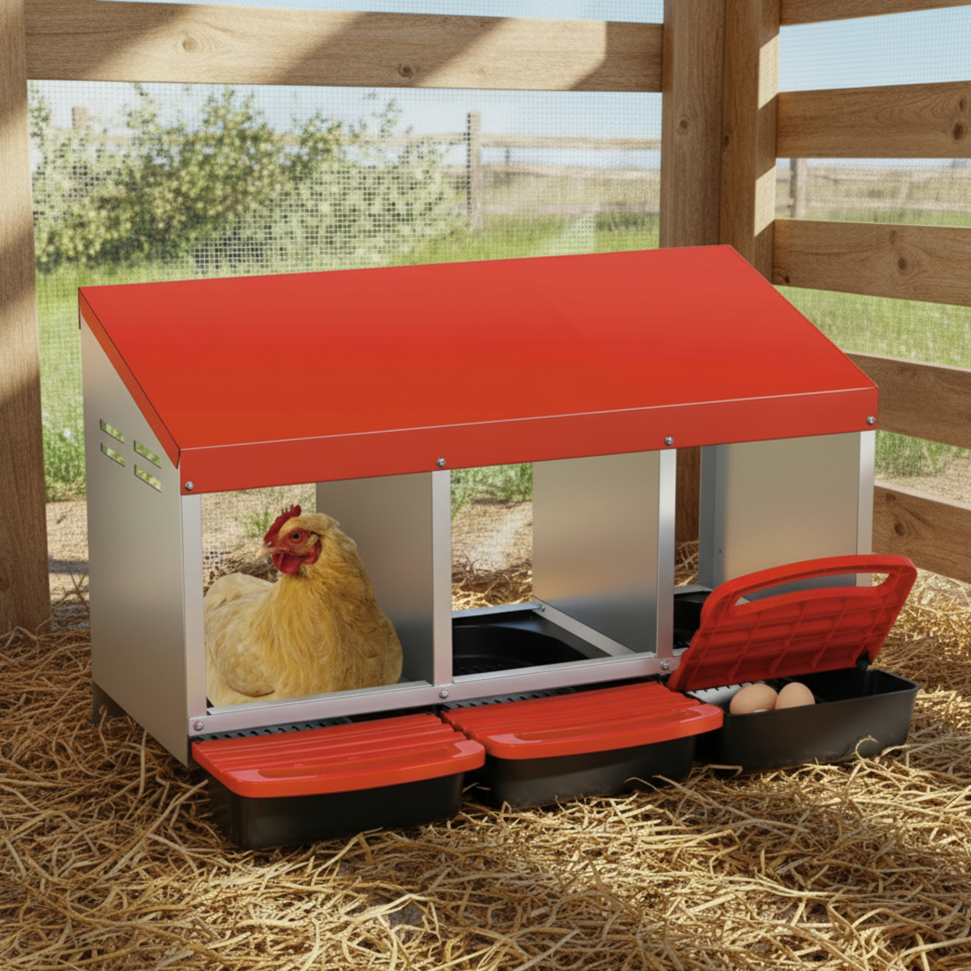 EuKer Chicken Nesting Box, 3 Compartment Chicken Lay Box with Removable ...