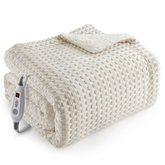 EuKer Electric Blanket Throw, 50" x 60" Machine Washable Heated Blanket with Controller for Home, Office, Beige