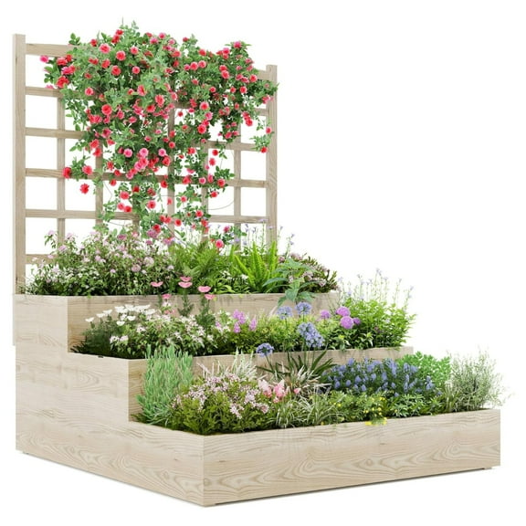 EuKer Garden Bed with Trellis, 3-Tier Vertical Wood Planter Box for Patio, Deck, Yard