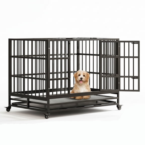 EuKer Heavy Duty Dog Kennel, 42.52" Foldable Large Dog Crate Furniture with Lockable Wheels and Removable Tray for Small Medium Pets, Black