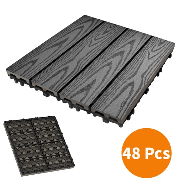 EuKer Interlocking Deck Tiles, 48-Pack Waterproof Wood-Grain Tiles for Indoor & Outdoor, Gray