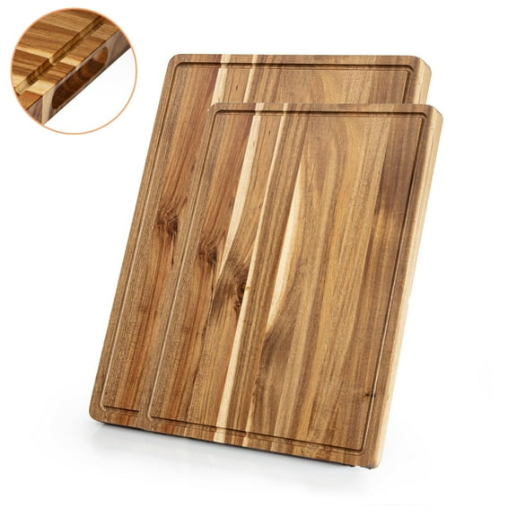 EuKer Large Acacia Cutting Board, Solid Wood Butcher Block with Side Handles for Kitchen, Set of 2