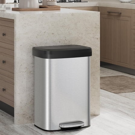 EuKer Large Garbage Can, 13.2 Gallon Garbage Pail with Soft-Close Lid and Rear Handle for Kitchen, Office, Silver