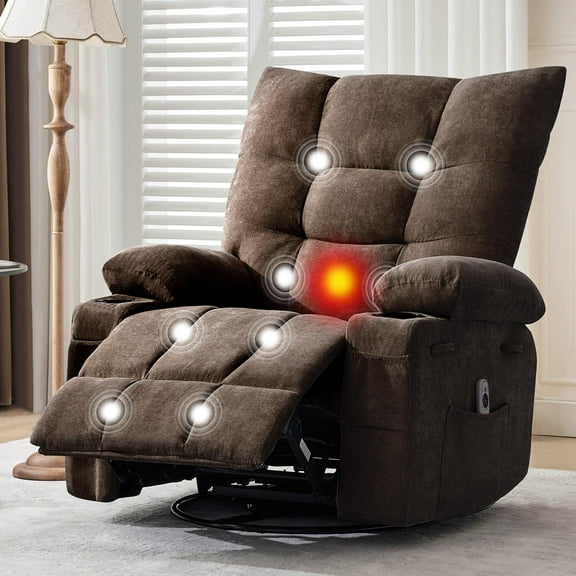 EuKer Lazy Boy Recliner with Heat & Massage, 360° Swivel Rocking Single Sofa W/Cup Holders and Side Pocket for Elderly Adults, 23" Seat Width, Brown
