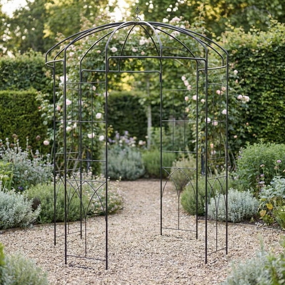 EuKer Metal Garden Arch Trellis, 8.8ft Heavy Duty Birdcage Garden Arch for Climbing Plants, Backyard Decor, Black