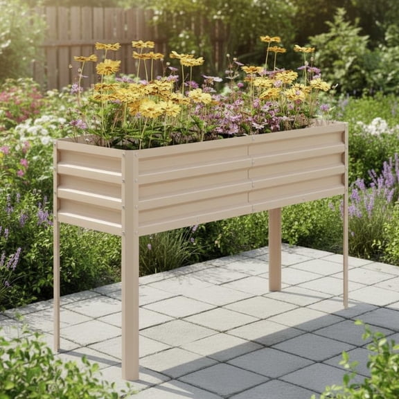 EuKer Metal Planter Box, 31.5" Elevated Garden Bed with Legs for Vegetables, Flowers, Herbs, Beige