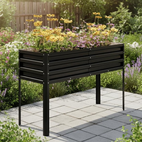 EuKer Metal Planter Box, 31.5" Elevated Garden Bed with Legs for Vegetables, Flowers, Herbs, Black