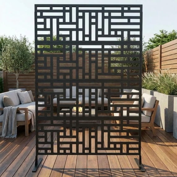 EuKer Metal Privacy Screen, 70.9" Tall Decorative Fences with Stand for Outdoor (Geometric, Black)