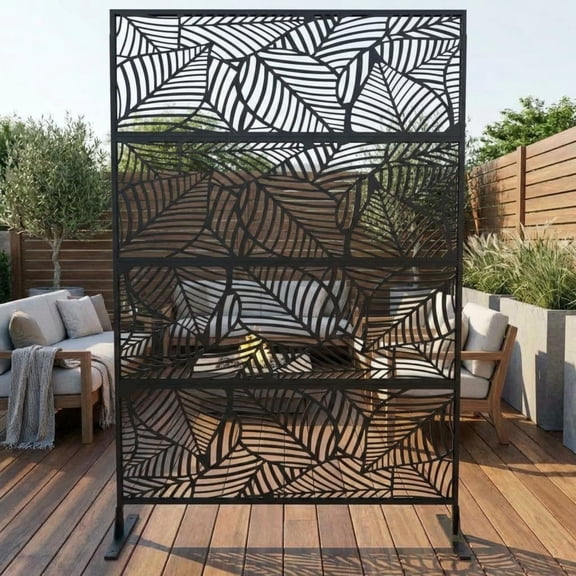 EuKer Metal Privacy Screen, 70.9" Tall Decorative Fences with Stand for Outdoor (Leaf, Black)