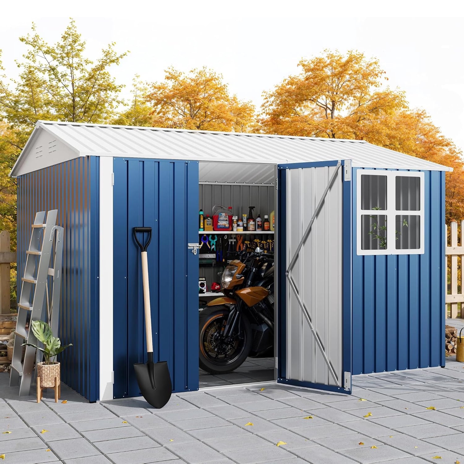 EuKer Metal Storage Sheds, 10ft x 8ft Outdoor Storage Shed with Lockable Door and Grid Window for Garden, Backyard, Blue