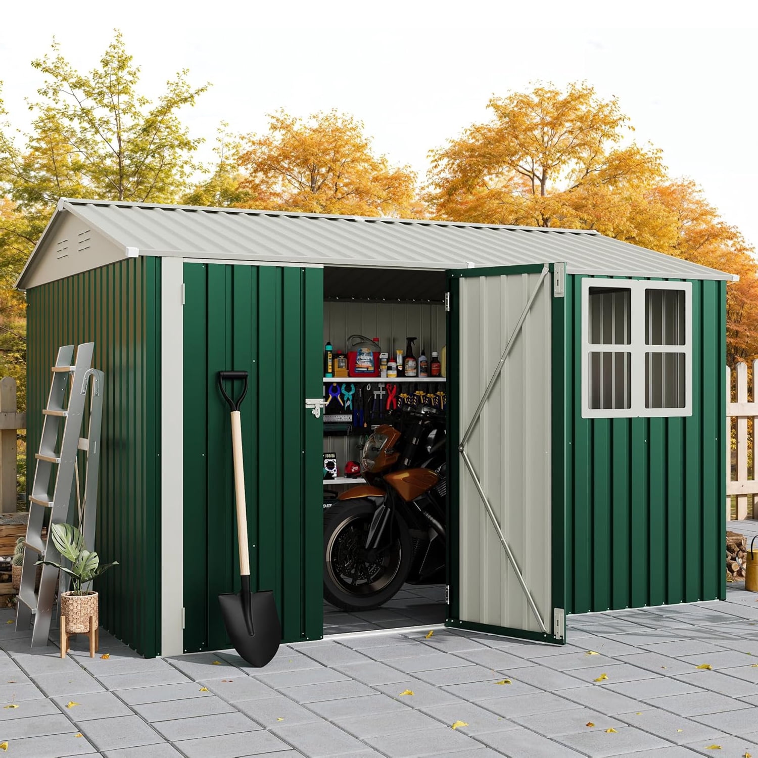 EuKer Metal Storage Sheds, 10ft x 8ft Outdoor Storage Shed with Lockable Door and Grid Window for Garden, Backyard, Green