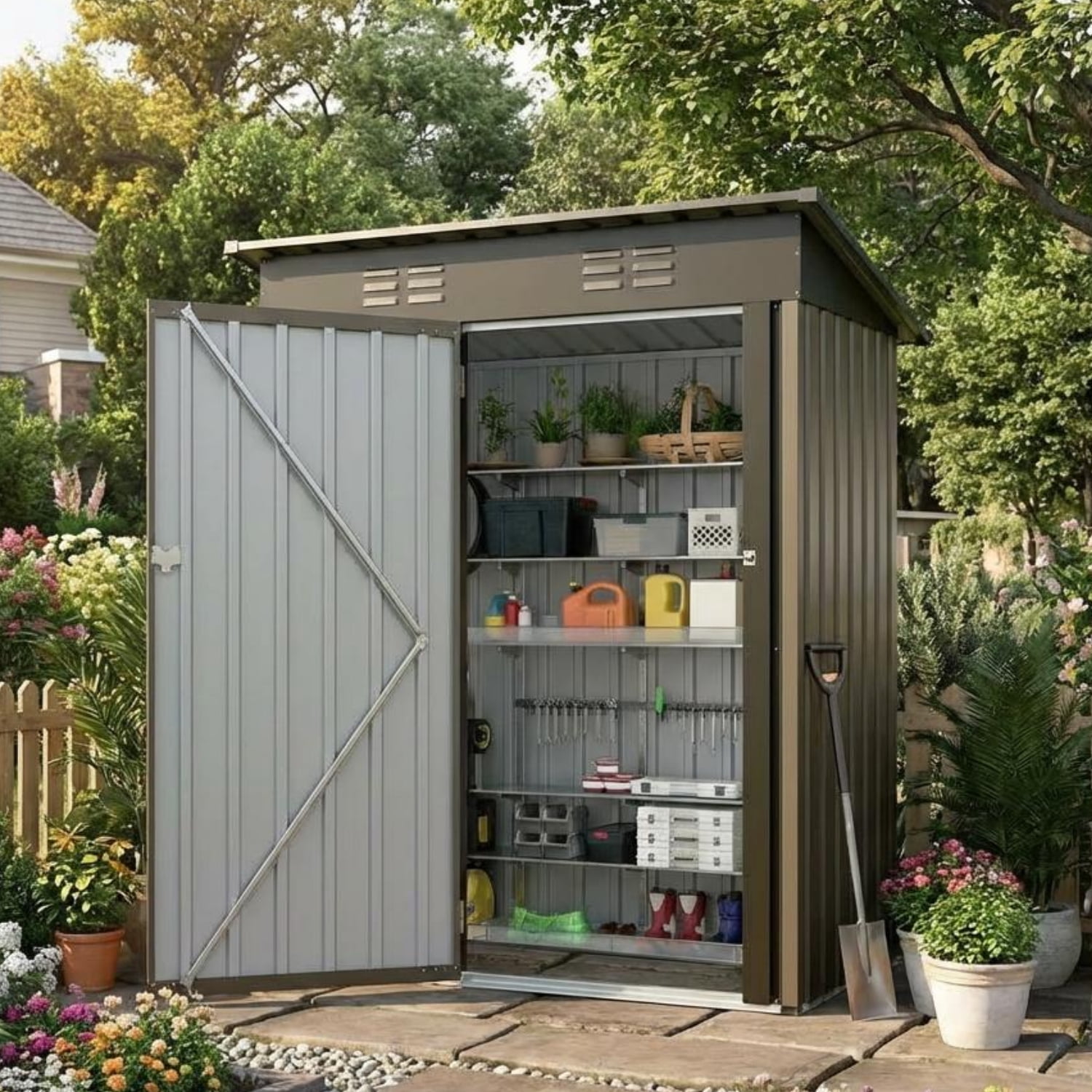 EuKer Metal Storage Sheds, 5ft x 3ft Small Outdoor Storage Shed with Lockable Door for Garden, Backyard, Brown