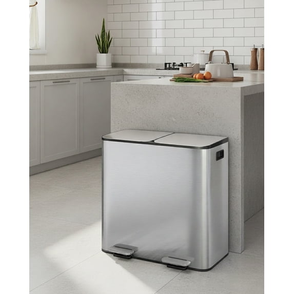 EuKer Metal Trash Can, 2 x 10.6 Gal Double Garbage Can with Removable Inner Bucket for Indoor/Outdoor, Silver