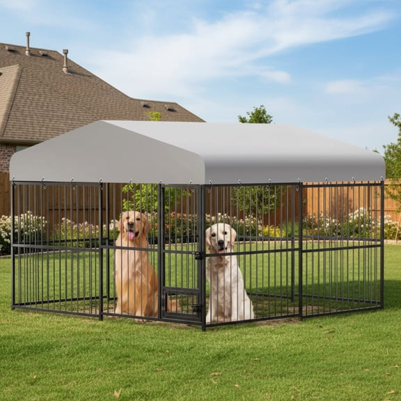 EuKer Outdoor Dog Kennel with Roof, 10x10x6 ft Heavy-Duty Dog Cage W/Safety Locks & Stainless Steel Bowls for Garden, Backyard
