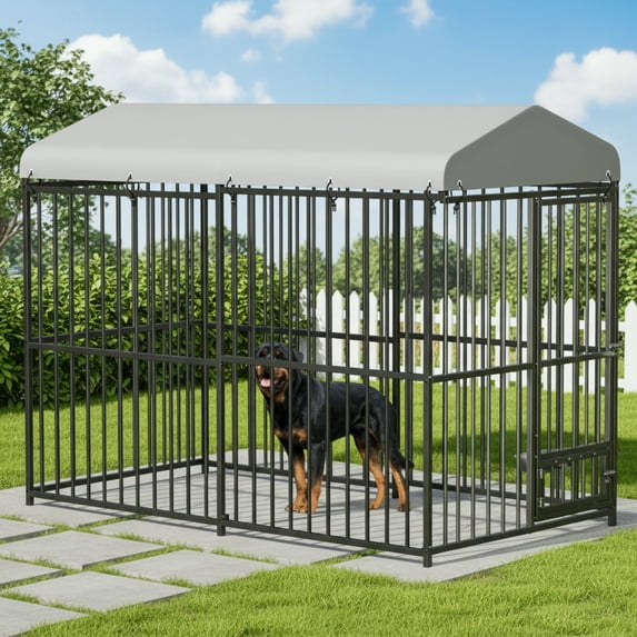 EuKer Outdoor Dog Kennel with Roof, 8x4x6 ft Heavy-Duty Dog Cage W/Safety Locks & Stainless Steel Bowls for Garden, Backyard