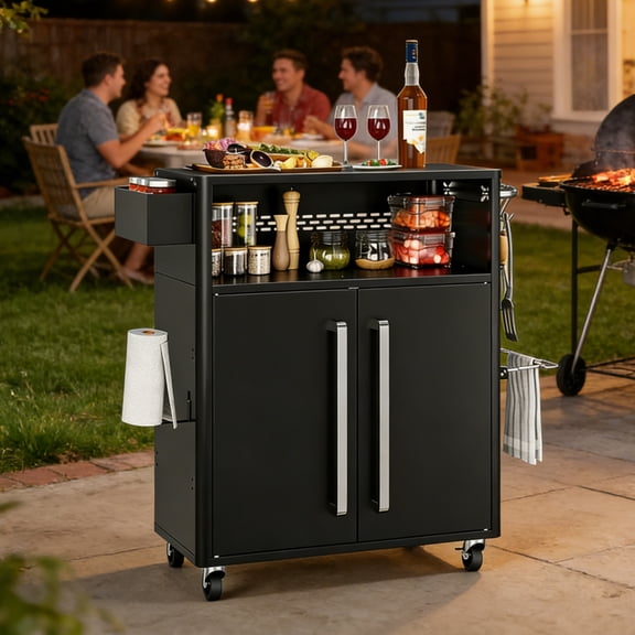 EuKer Outdoor Grill Cart, 48.8" Island Food Prep Table with Wheels and Storage Cabinet for BBQ, Pizza Oven, Black