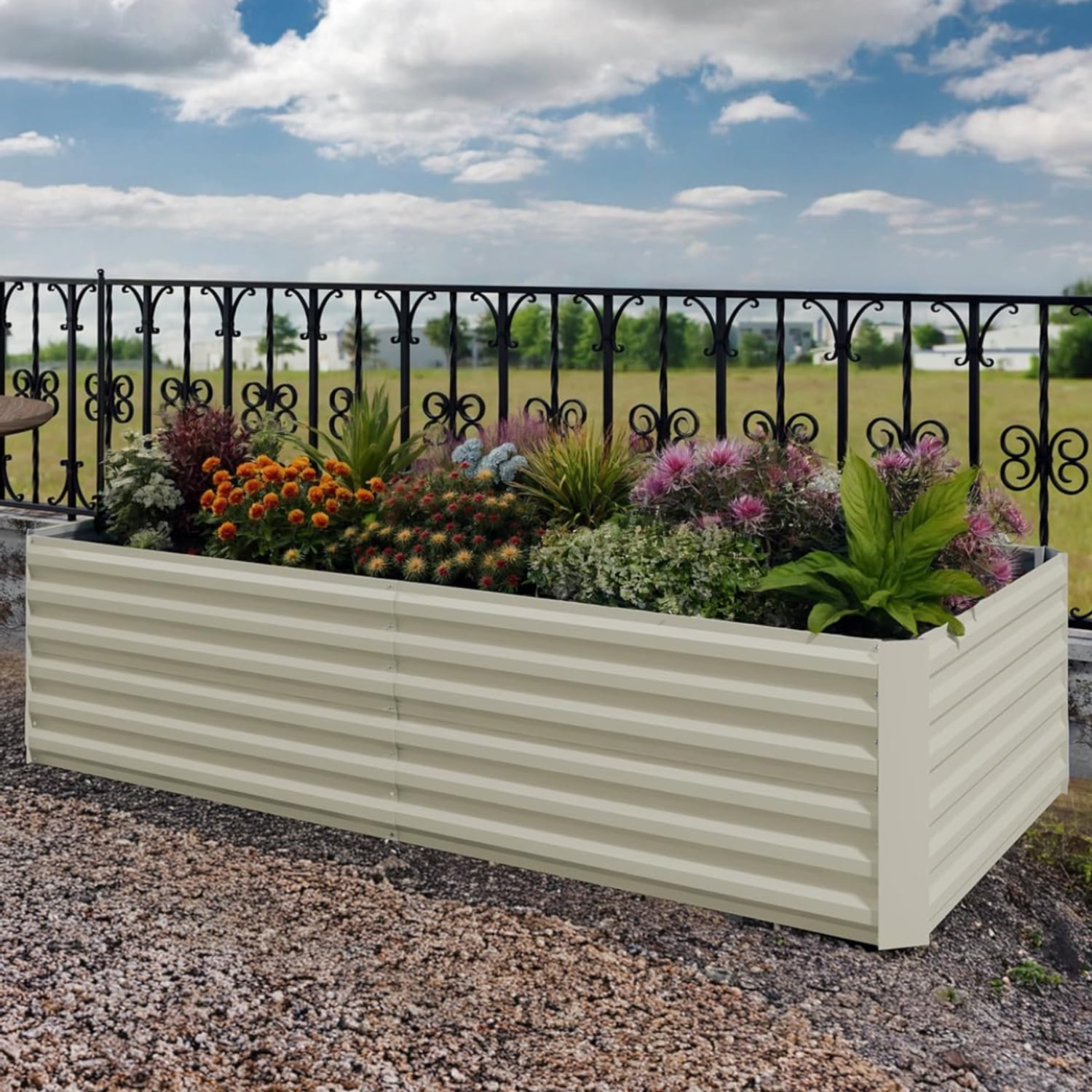 EuKer Outdoor Rectangular Planter, 6x3x2ft Metal Raised Garden Bed for Vegetables, Herbs, Flowers, Beige