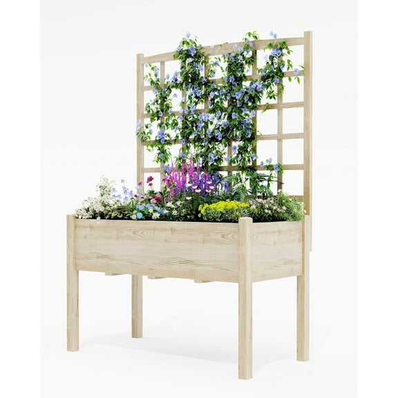 EuKer Planter Box with Trellis, Wooden Raised Garden Bed W/Legs & Bed Liner for Patio, Balcony, Backyard