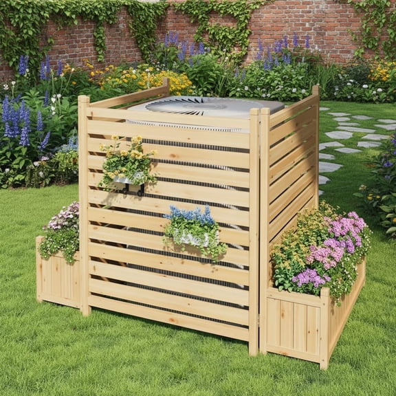 EuKer Privacy Planter, 3-Panels Wood Fence Panel with Planter Box for Air Conditioner, Pool Equipment Enclosure, Trash Can, Beige