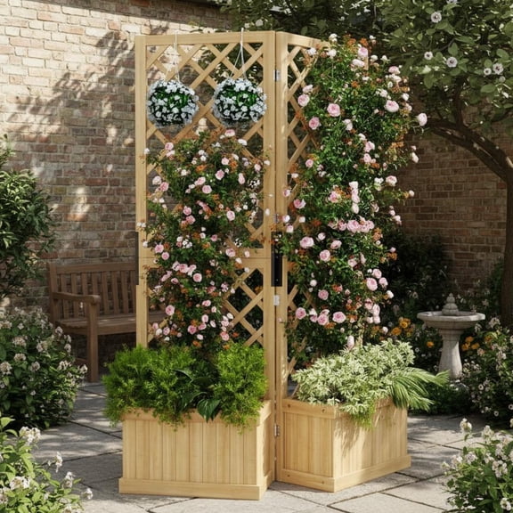 EuKer Privacy Planter Tall Outdoor, 2 Hinged Freestanding Screens with Planter Box for Patio, Deck, Backyard, Natural Wood