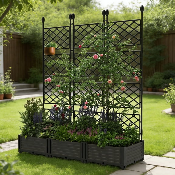 EuKer Privacy Planter Tall Outdoor, 3 Pcs Raised Garden Bed with Trellis for Climbing Plants, Vegetables, Flowers, Black