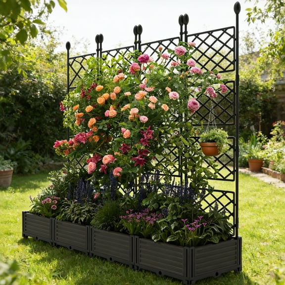 EuKer Privacy Planter Tall Outdoor, 4 Pcs Raised Garden Bed with Trellis for Climbing Plants, Vegetables, Flowers, Black