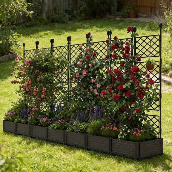EuKer Privacy Planter Tall Outdoor, 7 Pcs Raised Garden Bed with Trellis for Climbing Plants, Vegetables, Flowers, Black