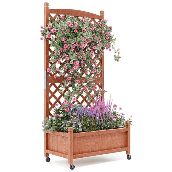 EuKer Raised Garden Bed with Trellis, Rolling Wooden Planter Box with Drainage Holes for Flowers, Herbs, Veggies (Set of 1)