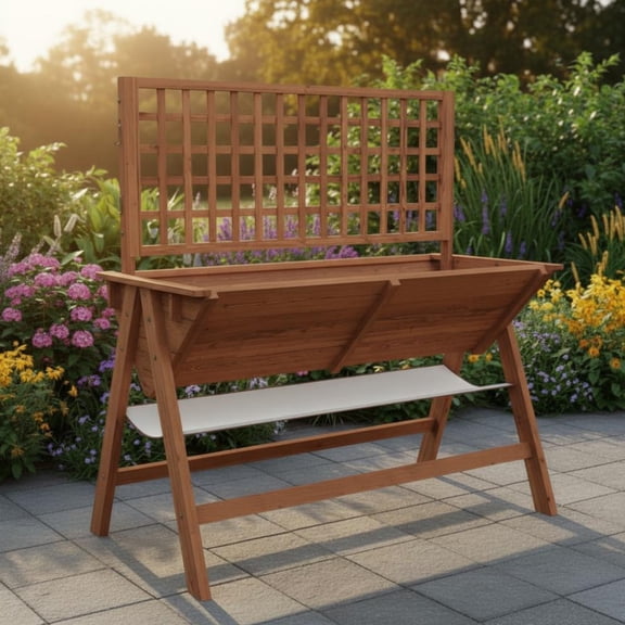 EuKer Raised Planter Box, 54" Raised Garden Bed with Trellis and Legs for Climbing Plants, Vegetables, Acorn Brown