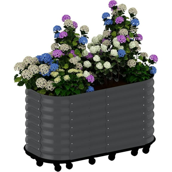EuKer Raised Planters with Wheels, 59" Metal Planter Box W/Built-In Water Storage System for Indoor/Outdoor, Gray