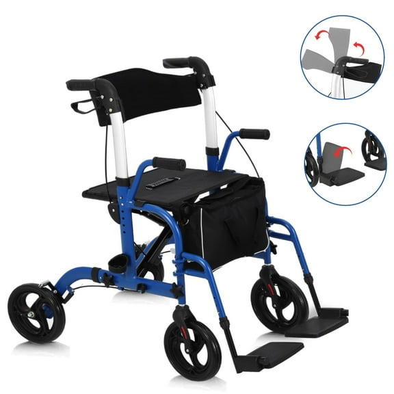 EuKer Walkers for Seniors with Seat 300 lbs, Folding Transport Wheelchair W/Footrests & Brake for Adult, Blue/Black