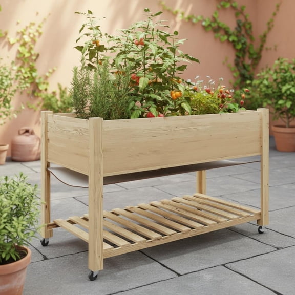 EuKer Wooden Raised Flower Beds on Wheels, Long Planter Box with Storage Shelf for Indoor/Outdoor, Natural Wood