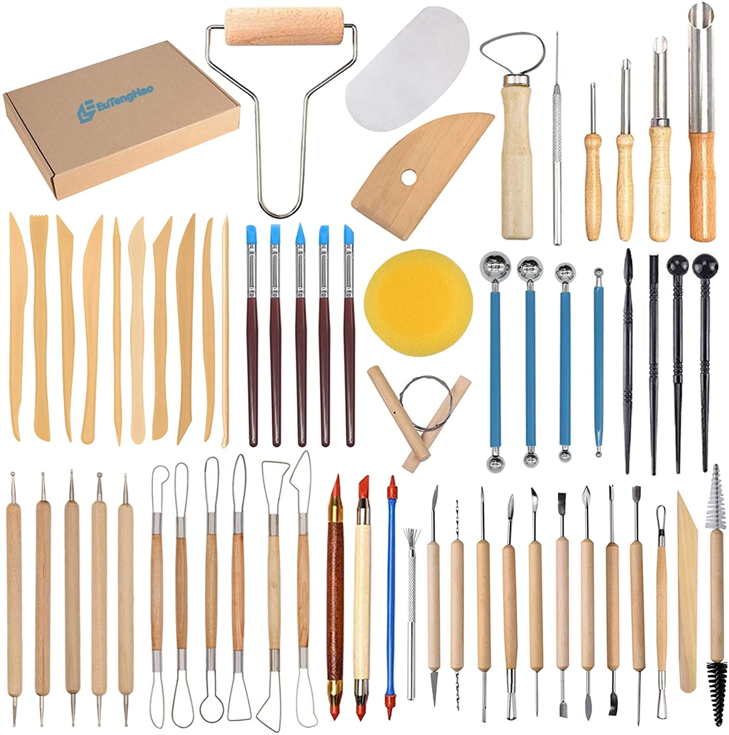 EuTengHao 61Pcs Ceramic Clay Tools Kit Pottery Sculpting Shapers Carving Tool Set Contains Most Essential Wooden for Potters Beginners