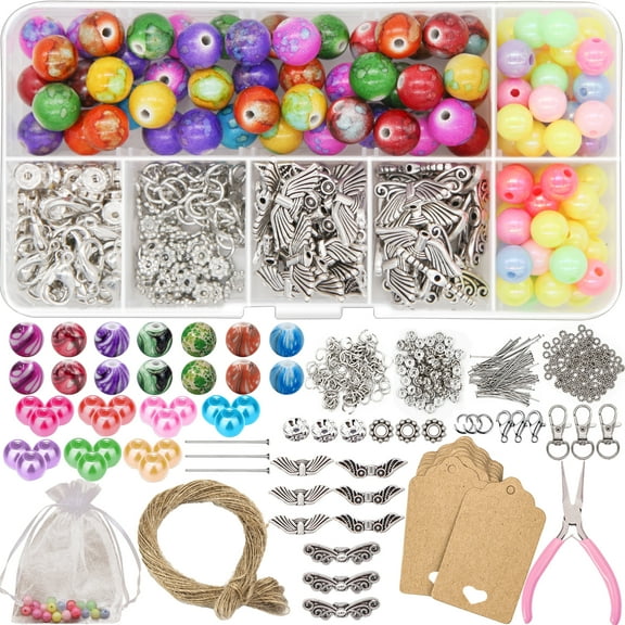 EuTengHao Angel Wing Charms Beads for Jewelry Making Kit, Ink Patterned Stone Beads Kit for Bracelets Keychain Making with Display Cards for Baby Shower Wedding Favors Birthday Gift