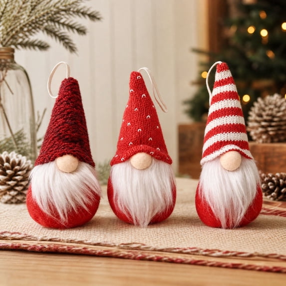Euahivb 3Pcs Christmas Gnome Hanging Ornament Set with Knitted Hat and Beard, Faceless Elf Pendant for Tree and Holiday Display, Festive Ambiance and Seasonal Celebration Enhancement