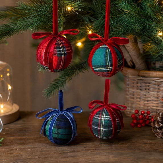 Euahivb 4 PCS Christmas Round Hanging Bauble with Decorative Ribbon Bow, Plaid Pattern Pendant for Tree Wreath and Holiday Scene Styling