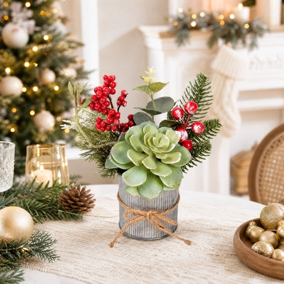 Euahivb Christmas Artificial Greenery Decor Farmhouse Floral Arrangement with Pine Berries and Succulent in Rustic Tin Pot for Holiday Tabletop Shelf Centerpiece