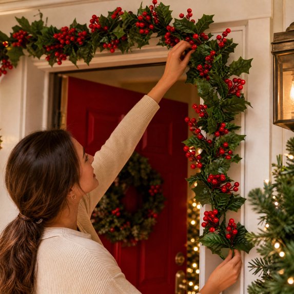 Euahivb Christmas Artificial Red Berry Garland 69 Inches with Holly Leaves Pinecones and Red Bow for Doorway Fireplace Mantel Staircase Festive Seasonal Holiday Decor