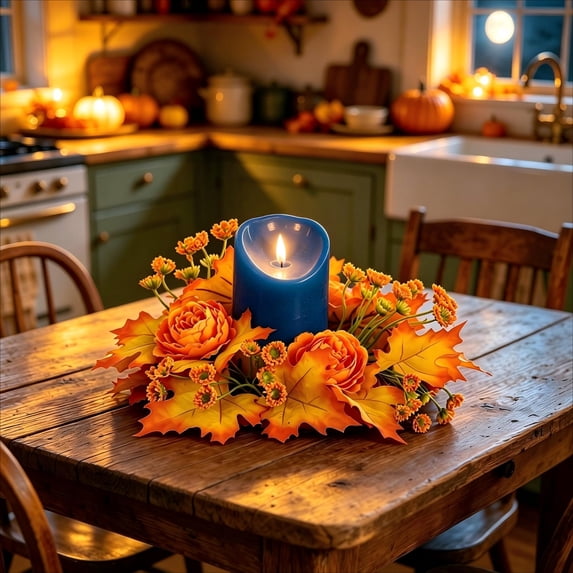 Euahivb Decorative Wreaths Thanksgiving Autumn Leaf Candle Ring Wreaths Fall Wreaths with Vibrant Floral Arrangements Served Tabletop Wreaths for Indoor Harvest Festival Ornament
