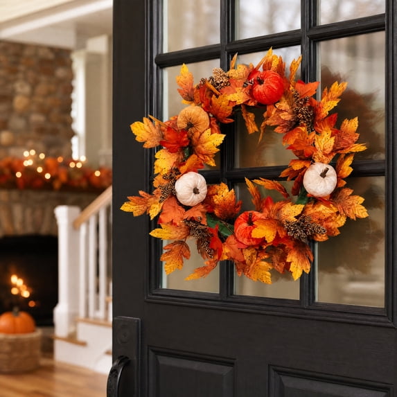 Euahivb Fall Wreath, Artificial Autumn Maple Leaf Wreath with Pumpkins and Berries for Front Door Wall and Fireplace Decor, Thanksgiving Decoration