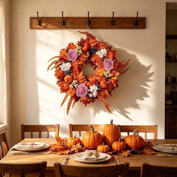 Euahivb Fall Wreath, Artificial Autumn Maple Leaf Wreath with Pumpkins for Front Door Wall Fireplace Decor, Thanksgiving Decoration