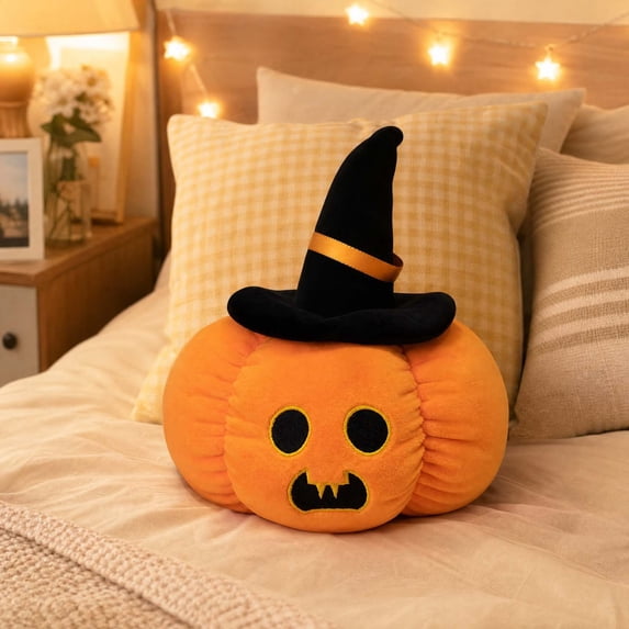 Euahivb Halloween Pumpkin Decorative Pillow 13.8 x 13.8 Inch Plush Stuffed Toy with Black Wizard Hat for Kids Room Living Room Couch Spooky Holiday Decor