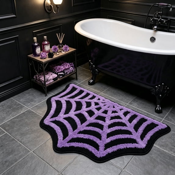 Euahivb Halloween Spider Web Bath Mat 23.6×15.8 Inch Soft Polyester Gothic Floor Rug Spooky Bathroom Doormat for Tub Shower Bedroom Doorway Fall Decor